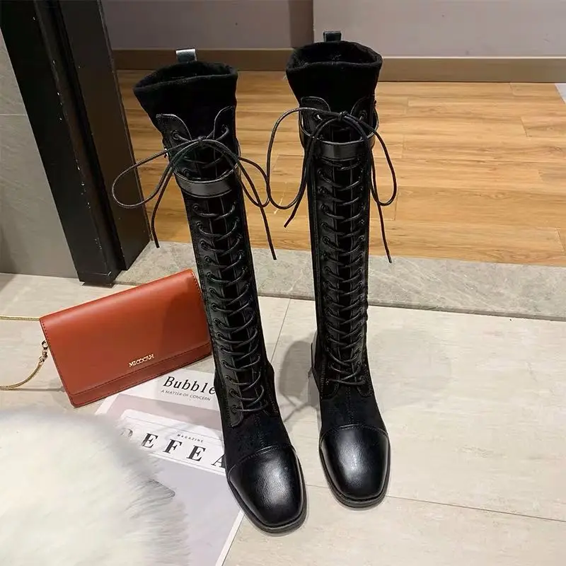 Осень 2020 новые брендовые сапоги на толстом каблуке до колена плюшевые теплые