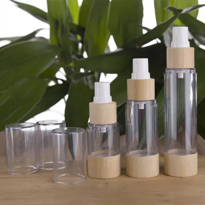 Eco friendly luxury empty bamboo packaging cosmetic airless bottle wooden airless spray bottles eye cream lotion bottles 100ml
