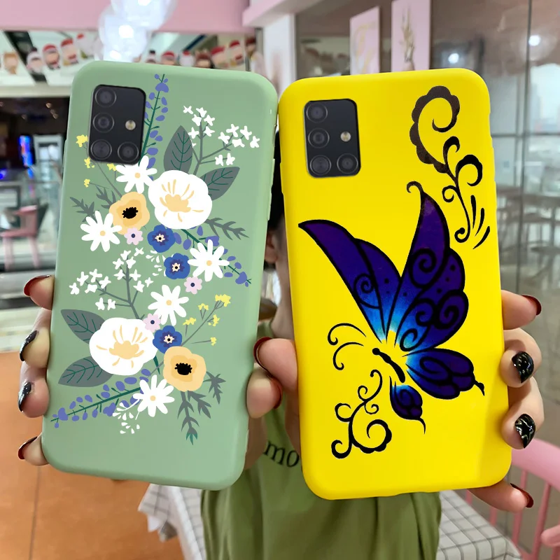 

For Samsung Galaxy A71 Case Candy Colors Cartoon Painted Flower Butterfly Fundas Shell Silicone TPU Soft Matte Protection Cover