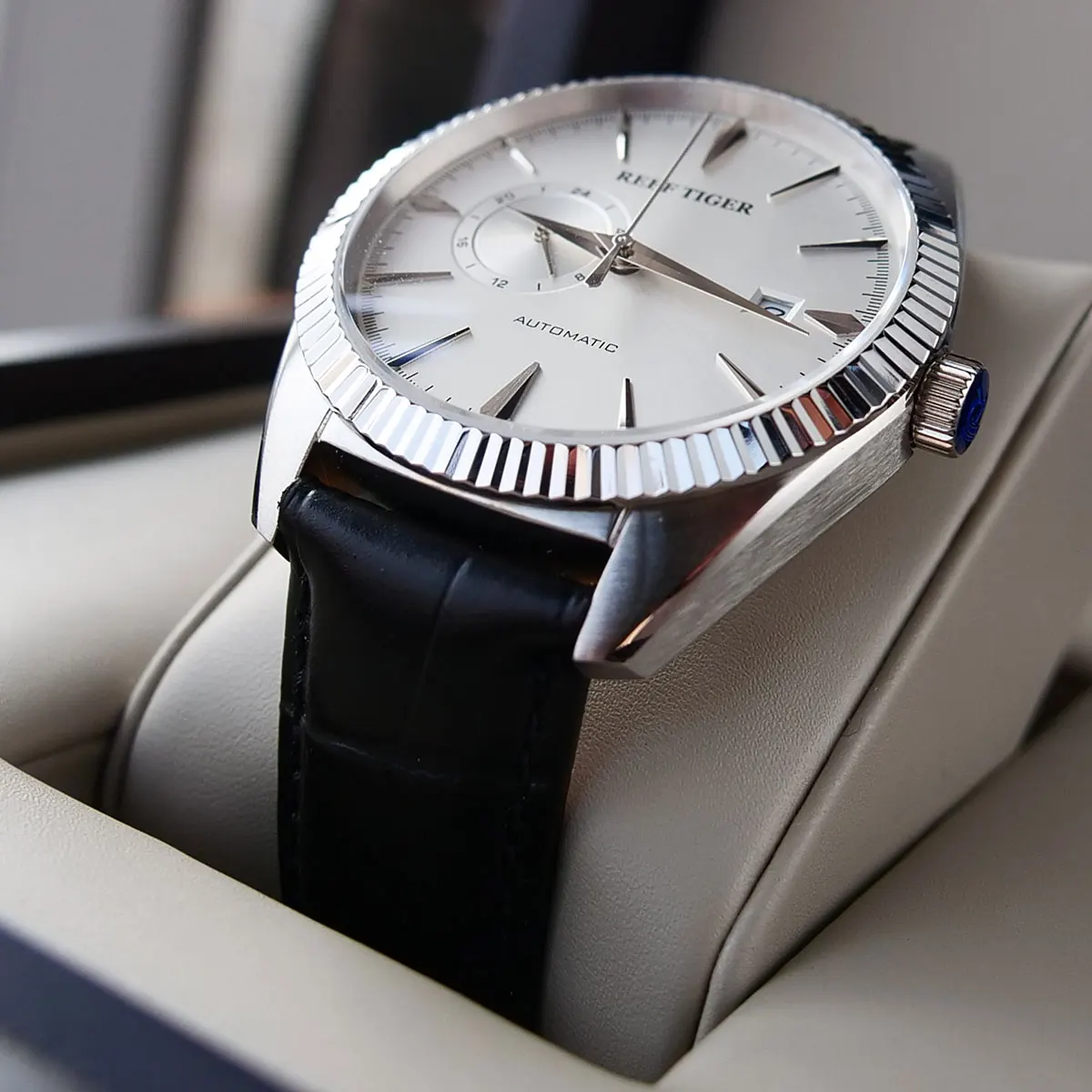 Риф Тигр/RT Роскошные нарядные часы для мужчин Стальной коричневый кожаный