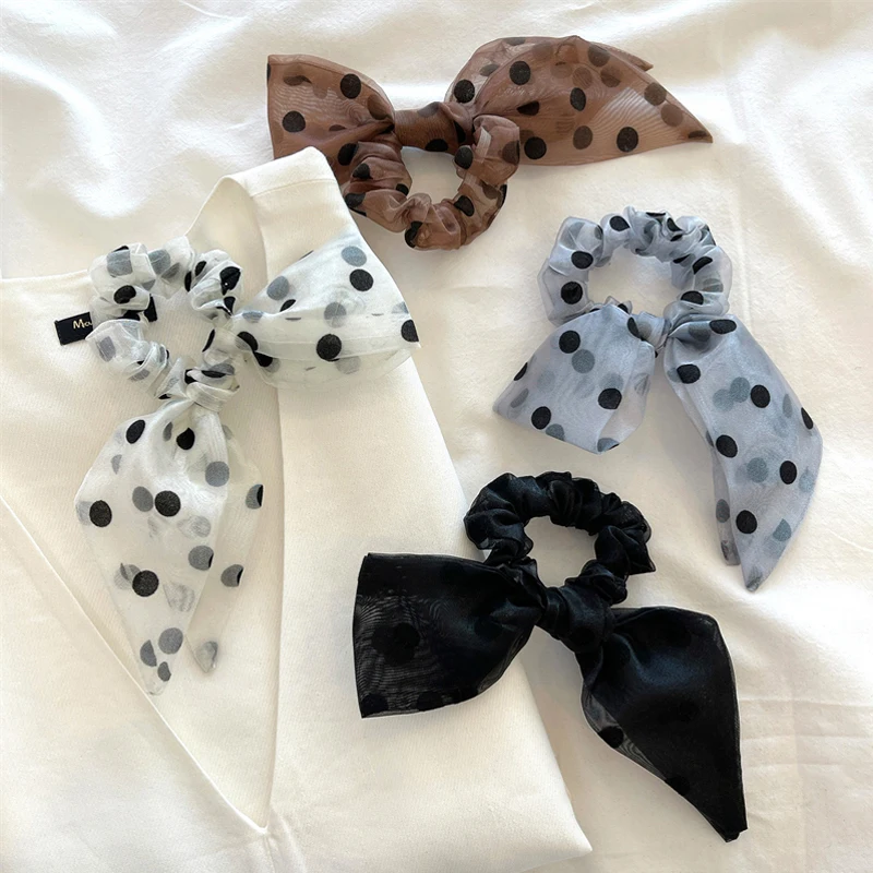 

Luna&Dolphin Spring Girls Hair Accessories Ribbon Ring Black Dot Printed Big Bow Organza Ins Tie Bands Large Intestine Circle