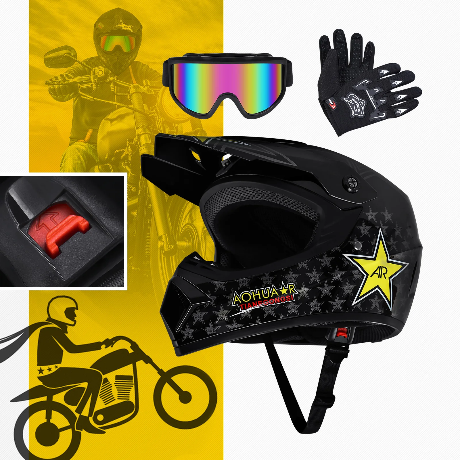 

Samger Full Face Motocross Helmet DOT Off Road Dirt Bike Bicycle ATV Casco Capacetes Star Pattern W/Goggle Gloves Bright Black