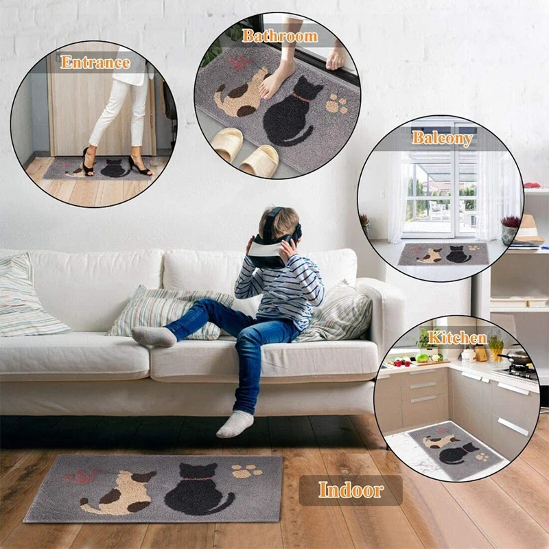 

Cartoon Gray Cat Flocking Carpet Floor Mat,for Home&Bathroom Door ,Bathroom Non-Slip Mat,Absorbent Foot Mat