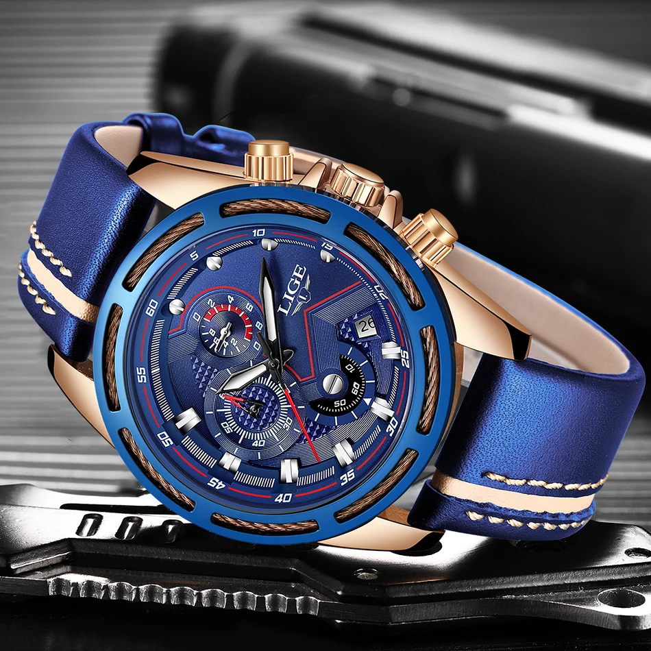 Часы наручные LIGE Мужские кварцевые модные спортивные брендовые Роскошные