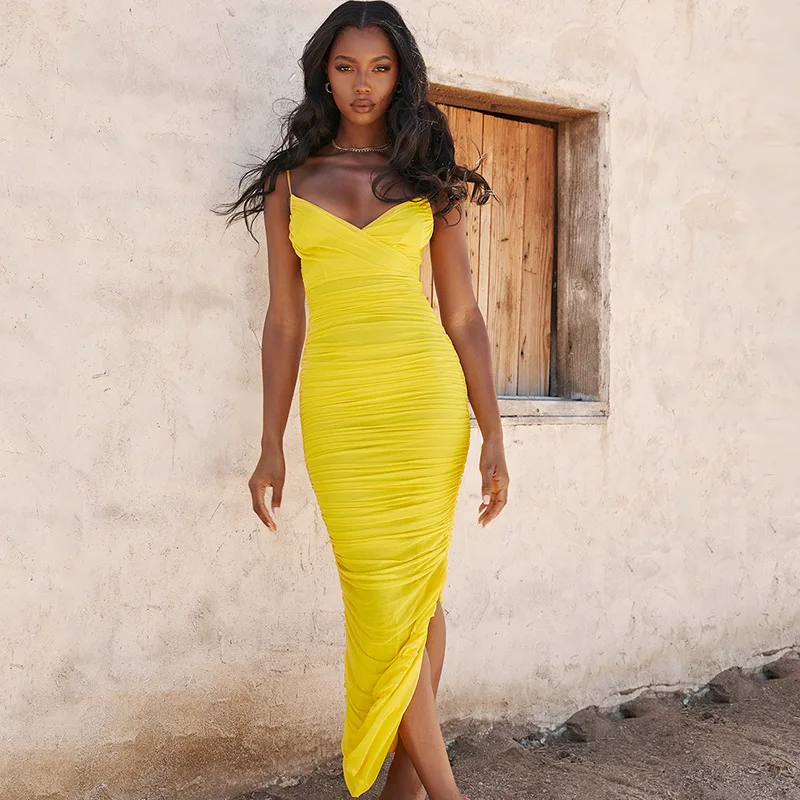 Женское вечернее платье макси lessverge длинное Плиссированное желтое с v образным