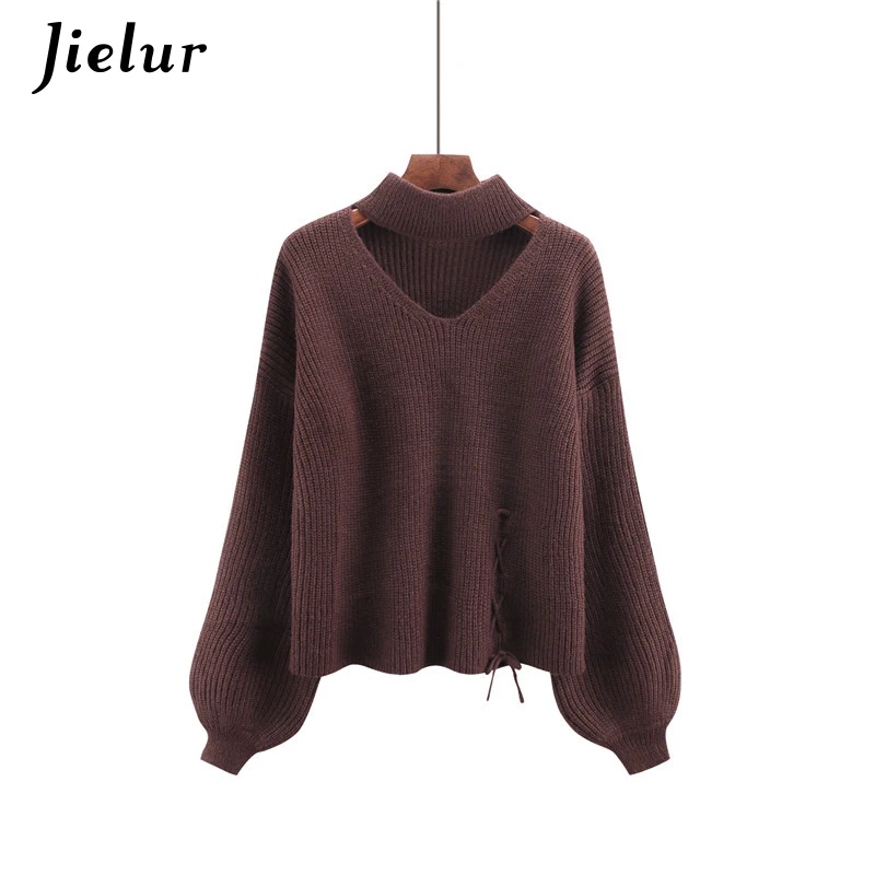 Jielur 5 Solid Color Hollow Lace-up Sweater Women Korean Style Winter Pullover Lantern Sleeve Warm Streetwear Sueter Mujer 2021 | Женская