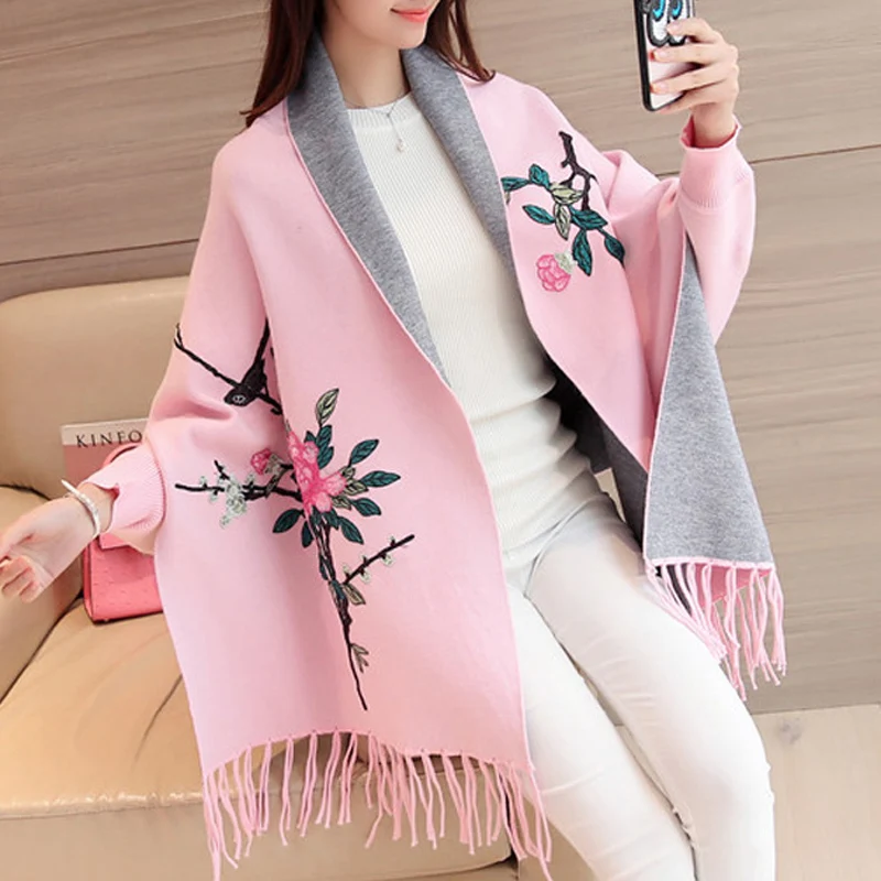 Женский длинный кардиган с вышивкой облегающий тонкий свитер рукавами летучая