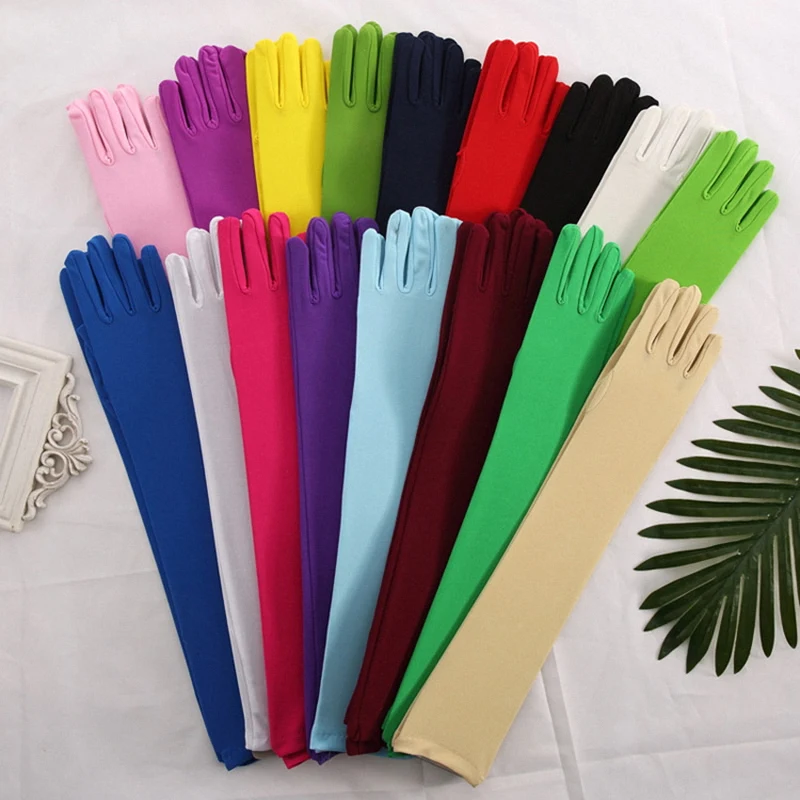 

Stretch Satin White Glove Long Bridal Gloves Black Red Elbow Length Women Dance Party Wedding Gloves Full Finger Guantes Boda