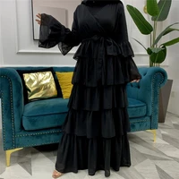 black tiered maxi chiffon dress long sleeves women surplice neck ruffles long dress abaya dubai turk muslim islam modesty black
