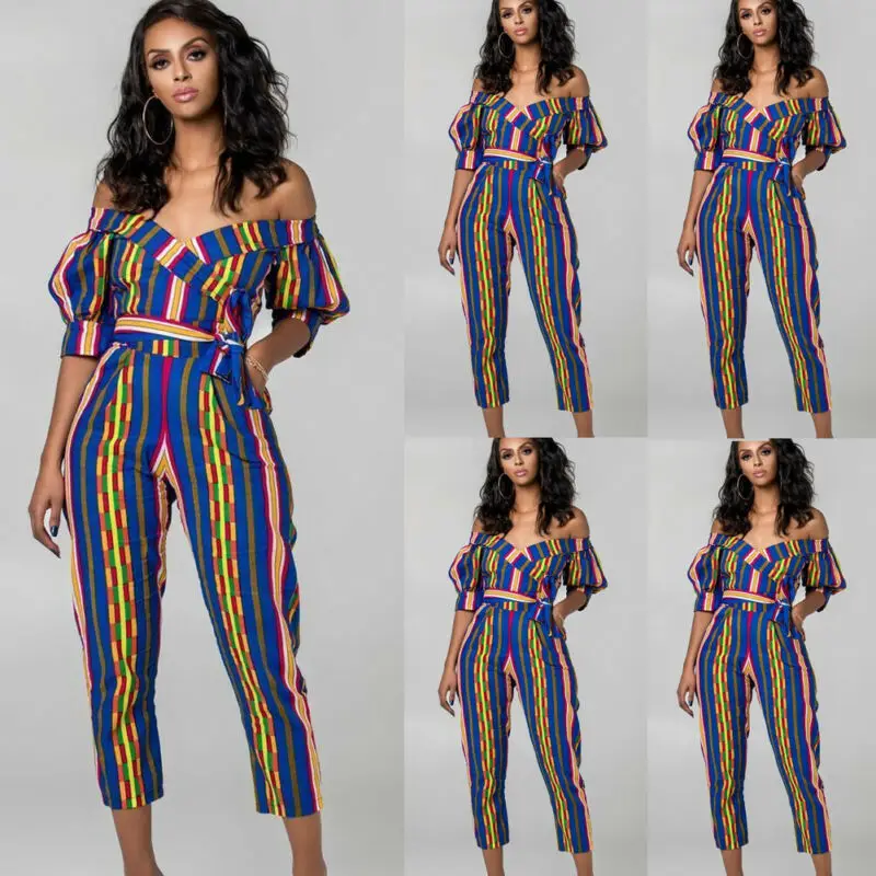 Женский Цветной полосатый комбинезон с открытыми плечами летний повседневный