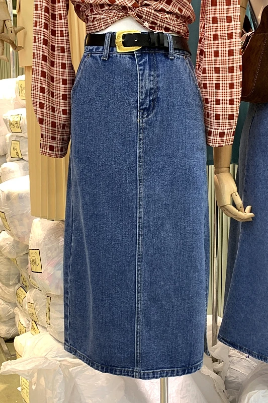 

High Waist Denim Skirt Slimming All-Matching Women A- Line Split Skirt 2021 Spring Overknee Mid-Length Denim Skirt with Belt