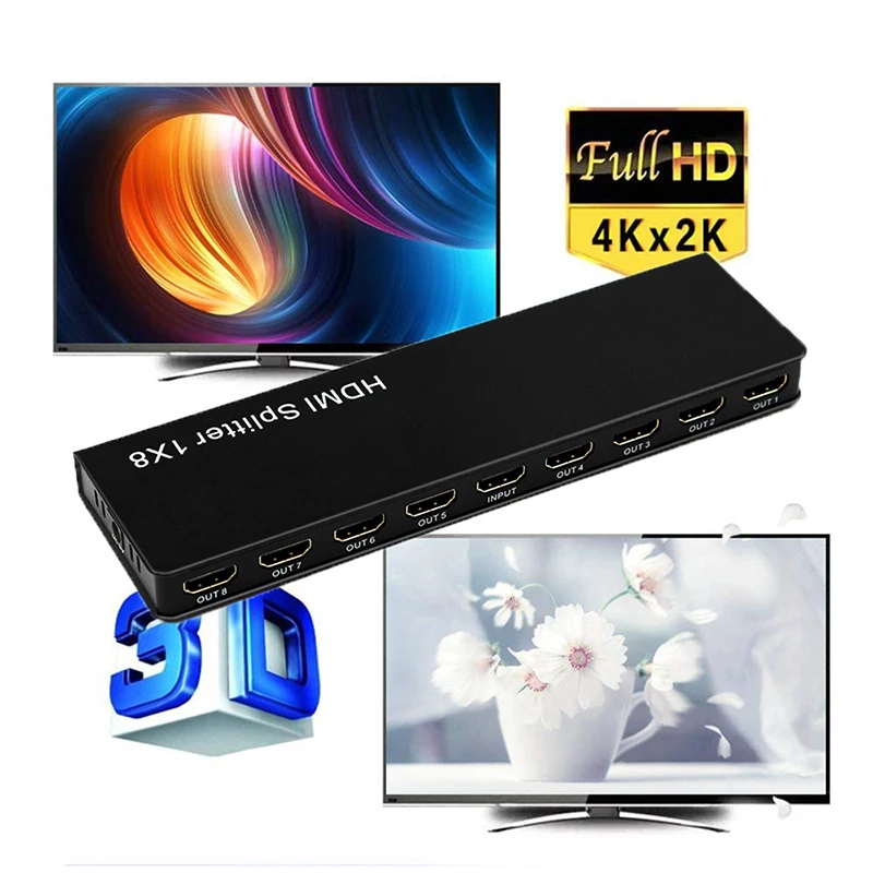 HDMI 1X8  1 In to 8 Out 1x8 HDMI Splitter Converter Split Display for DVD PS3 Xbox HDTV 4K With power Adapter