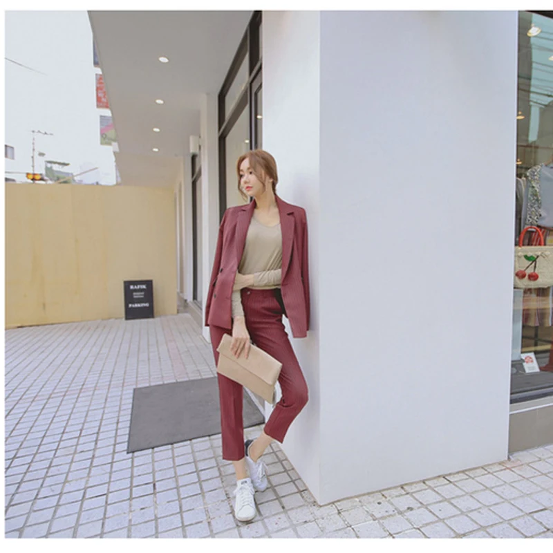 

Luck A 2021 Spring Blazer Suits Stripe Double Breasted Blazer Suit Office Lady Elegant Four Colours Pants Suit Two Piece Set