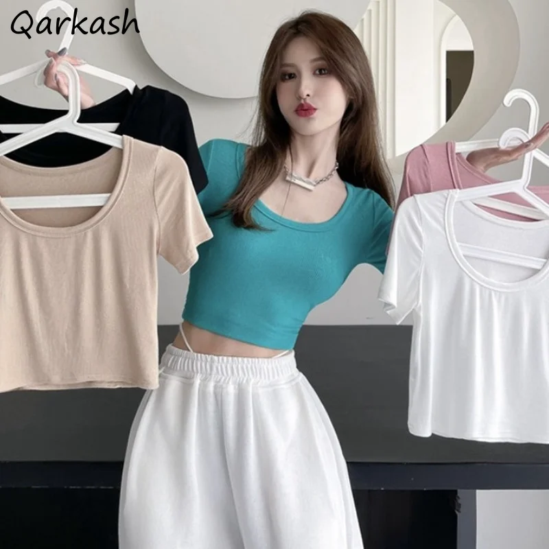 

Women Crop Tops Short Sleeve T-shirts Sexy Skinny Slim Female Casual Simple Top Solid High Elasticity All-match Fashion Leisure