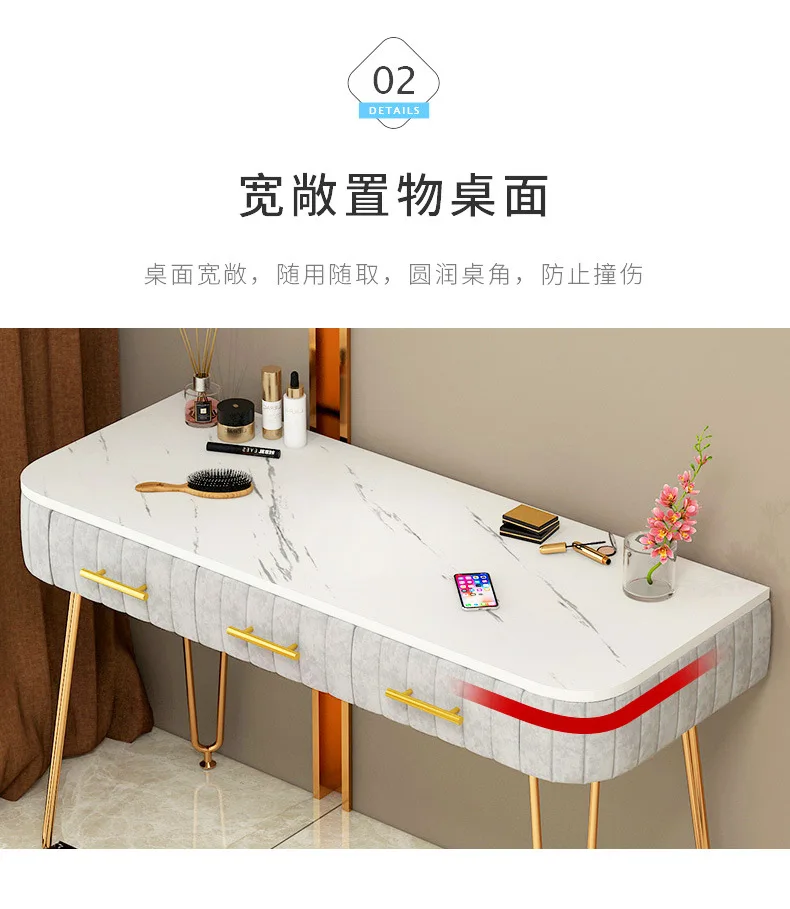 

Luxury Dressing Table Vanity Makeup Light Mirror Set Marble Desktop 2 Velvet Drawers Female Bedroom Dresser Set 80cm