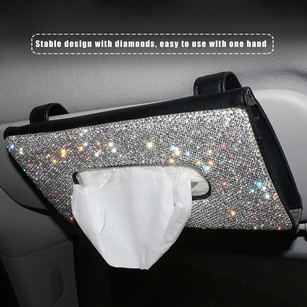 

Crystal Car Tissue Box Sun Visor Diamond Leather Auto Tissue Paper Holder Case Sunvisor Hanging Napkin Decoration Dropshipping