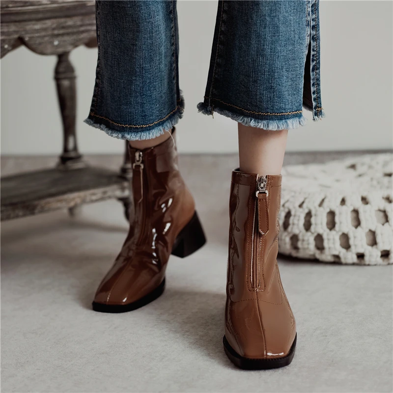 

VERCONAS Women Ankle Boots Casual Patent Leather Shoes Woman Autumn Winter Square Toe Front Zipper Thick Heels Short Boots 2021