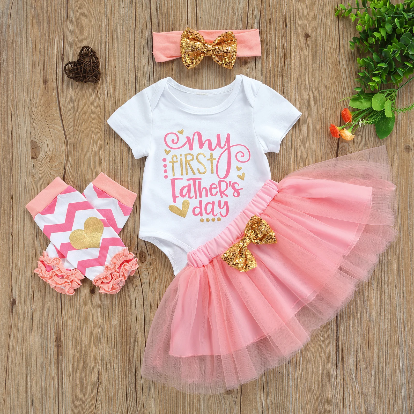 

4Pcs Toddler Father's Day Outfits, Baby Girls Letters Print Short Sleeves Romper + Tutu Skirt + Leg Warmer + Headband