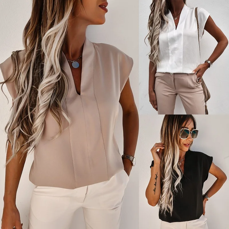 

Summer Women Shirt Sexy V Neck Slim Solid Color Casual Pullover Female Blouse Short Sleeve Elegant Office Shirt 2021 Streetwear