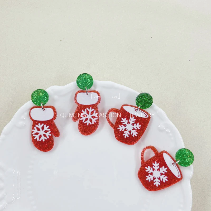 

QUMENG Christmas Fashion stud earring Glitter Cartoon White Snowflake Red Cup Acrylic Pendant Drop Earrings Trend Girl Jewelry