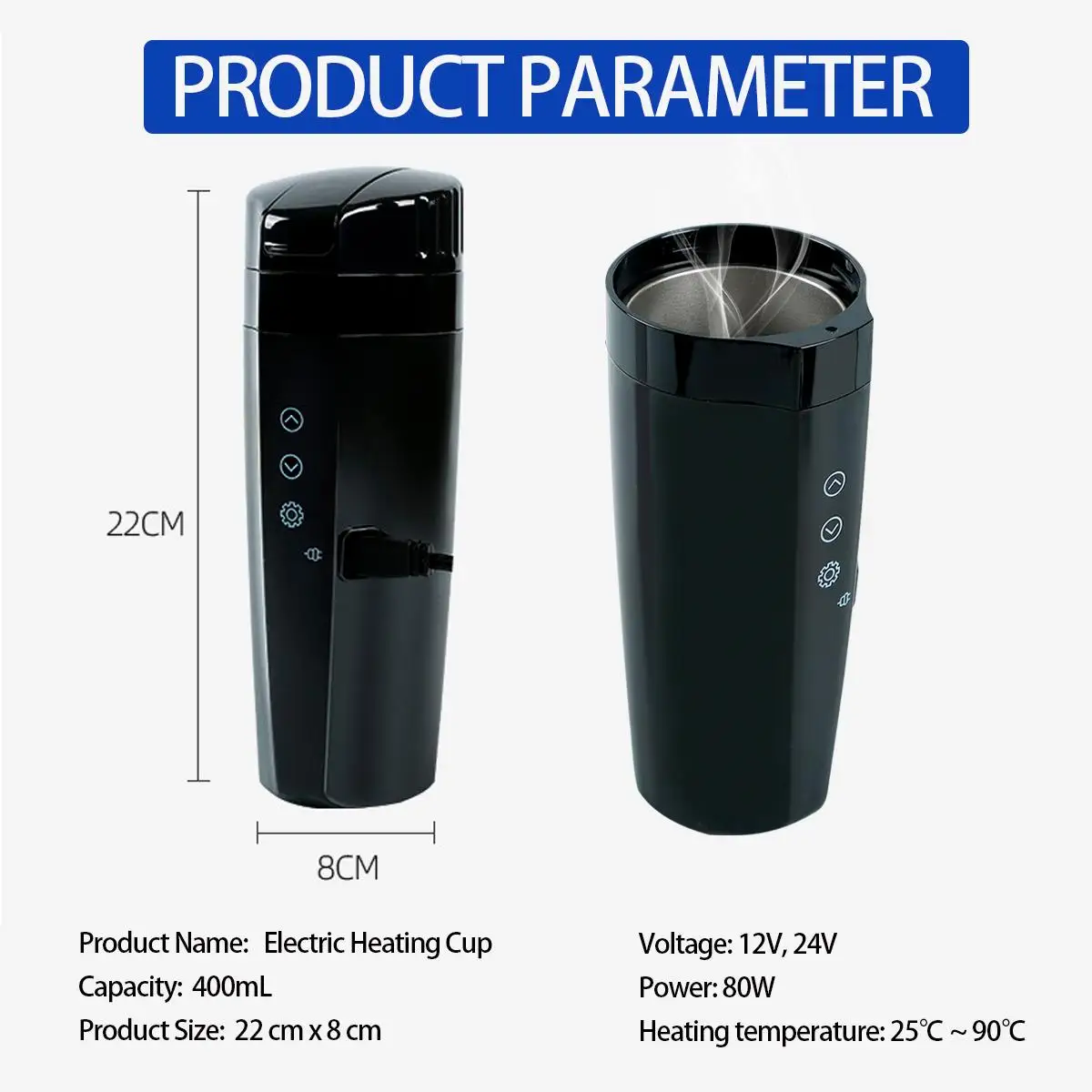 

400ml 304 Stainless Steel Portable Car Heating Cup 12V 24V Electric Water Cup LCD Display Kettle Coffee Tea Milk Heated