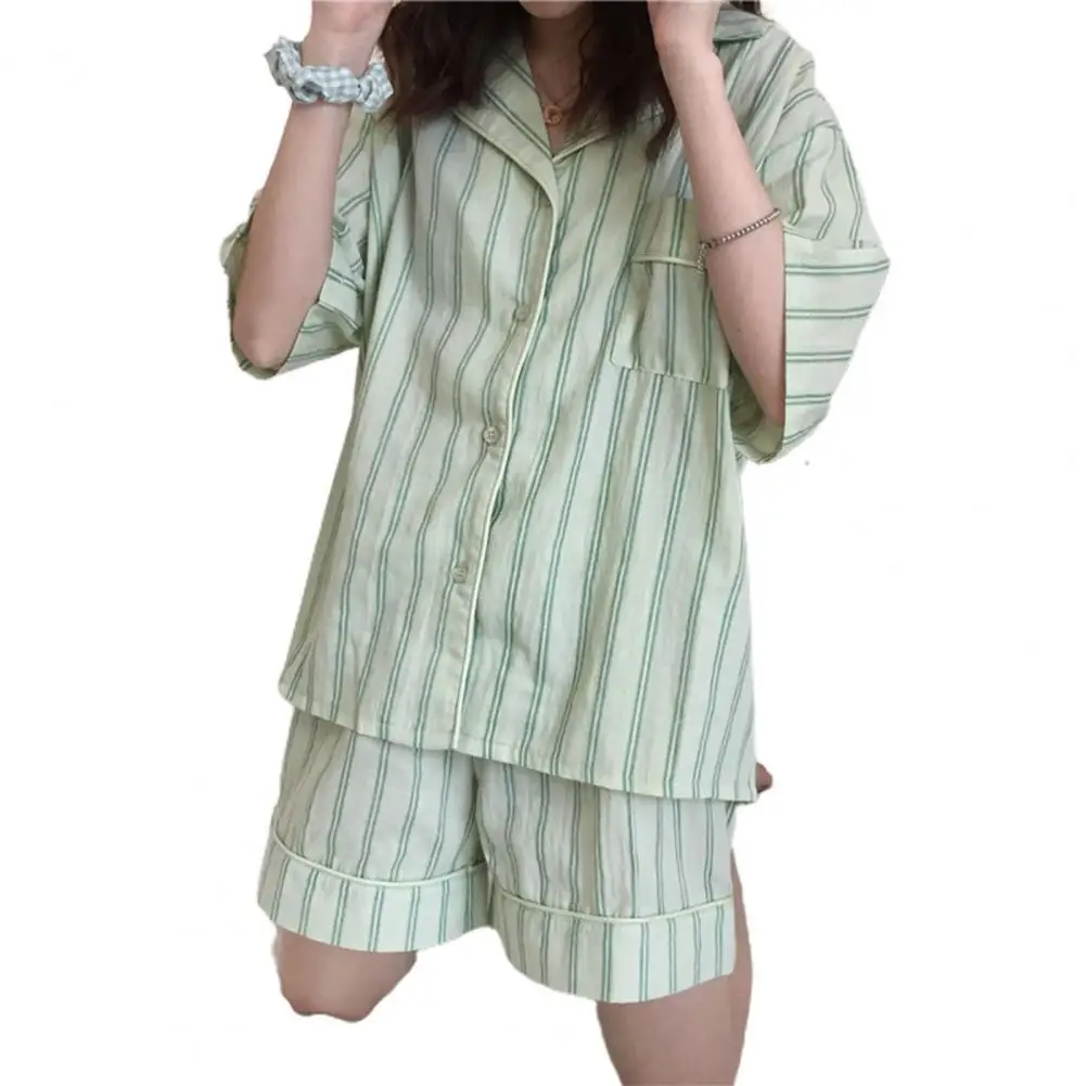 

New Summer Set Women Pajama Striped Design All-match Soft Tops Shorts Casual Loose Pajama Cardigan Set for Home Sleepwear Set