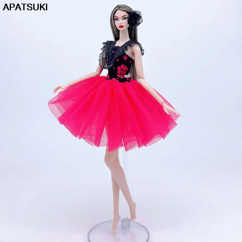 

Черное кружево, ярко-розовое модное Кукольное платье для куклы Барби, одежда, короткие платья, вечернее платье, аксессуары для кукол 1/6, игру...