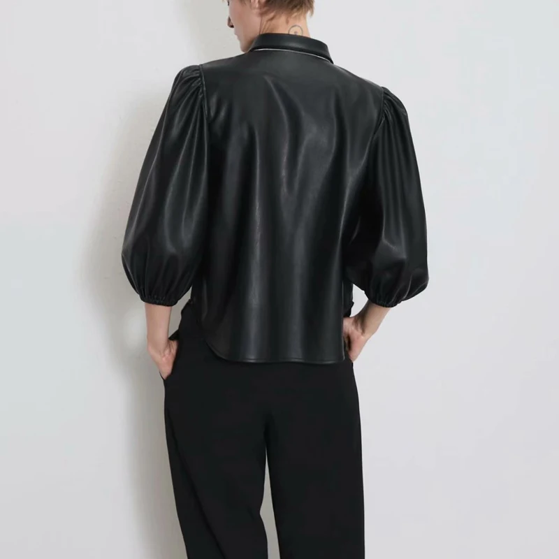 Осенняя черная короткая куртка из искусственной кожи Женская однобортная с