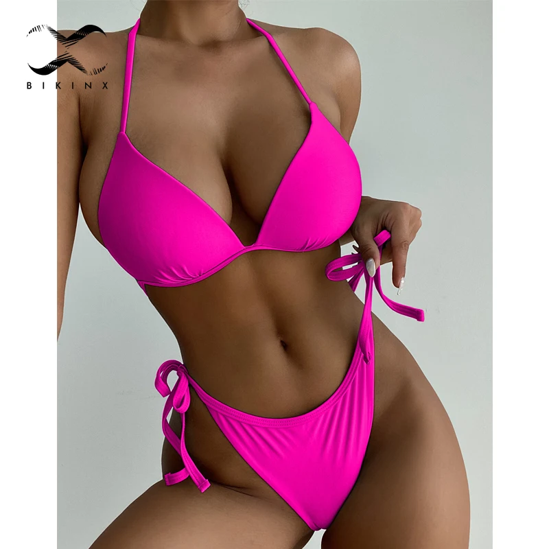 

2021 Sexy halter bikini set High cut swimwear Solid string knot swimsuit women's swimming suit Backless bathing suit Beach wear