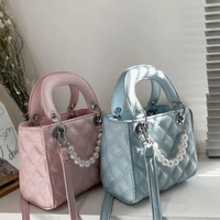 elegant female pearl small tote bag 2021 summer new quality pu leather womens designer handbag lattice shoulder messenger bags