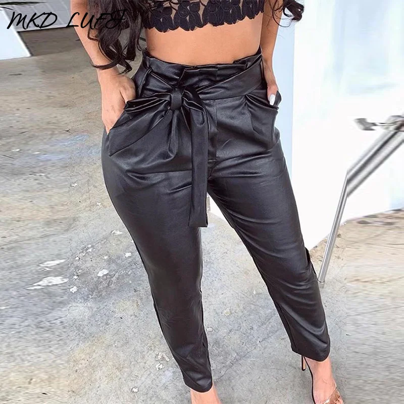 Черные леггинсы из искусственной кожи с карманами женские повседневные брюки