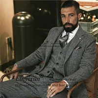 gray wool herringbone men suits for wedding groom tuxedo 3 piece tweed fashion business blazer set jacket pants vest %d0%ba%d0%be%d1%81%d1%82%d1%8e%d0%bc