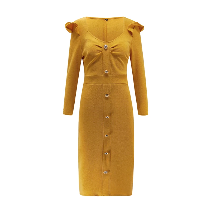 Женское облегающее платье с пуговицами три четверти однотонное официальное v