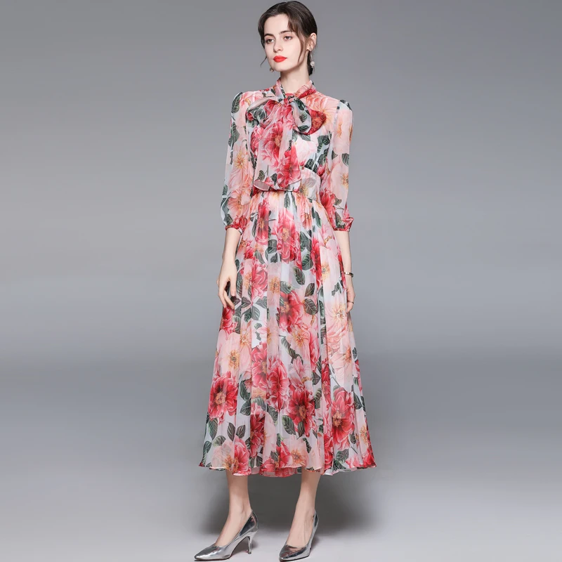 ZUOMAN  Women Spring Elegant Floral Chiffon Dress Festa High Quality Wedding Party Robe Femme Vintage Bow Designer Vestidos