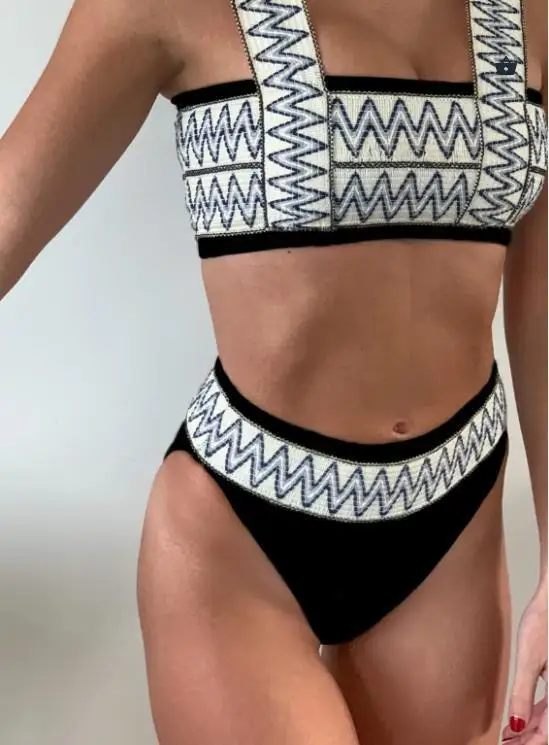 

2021 Print Wave/Striped Swimwear Two Pieces Bikini With Elastic Crochet Straps High Waisted Swimming Suits For Women XL Biquini