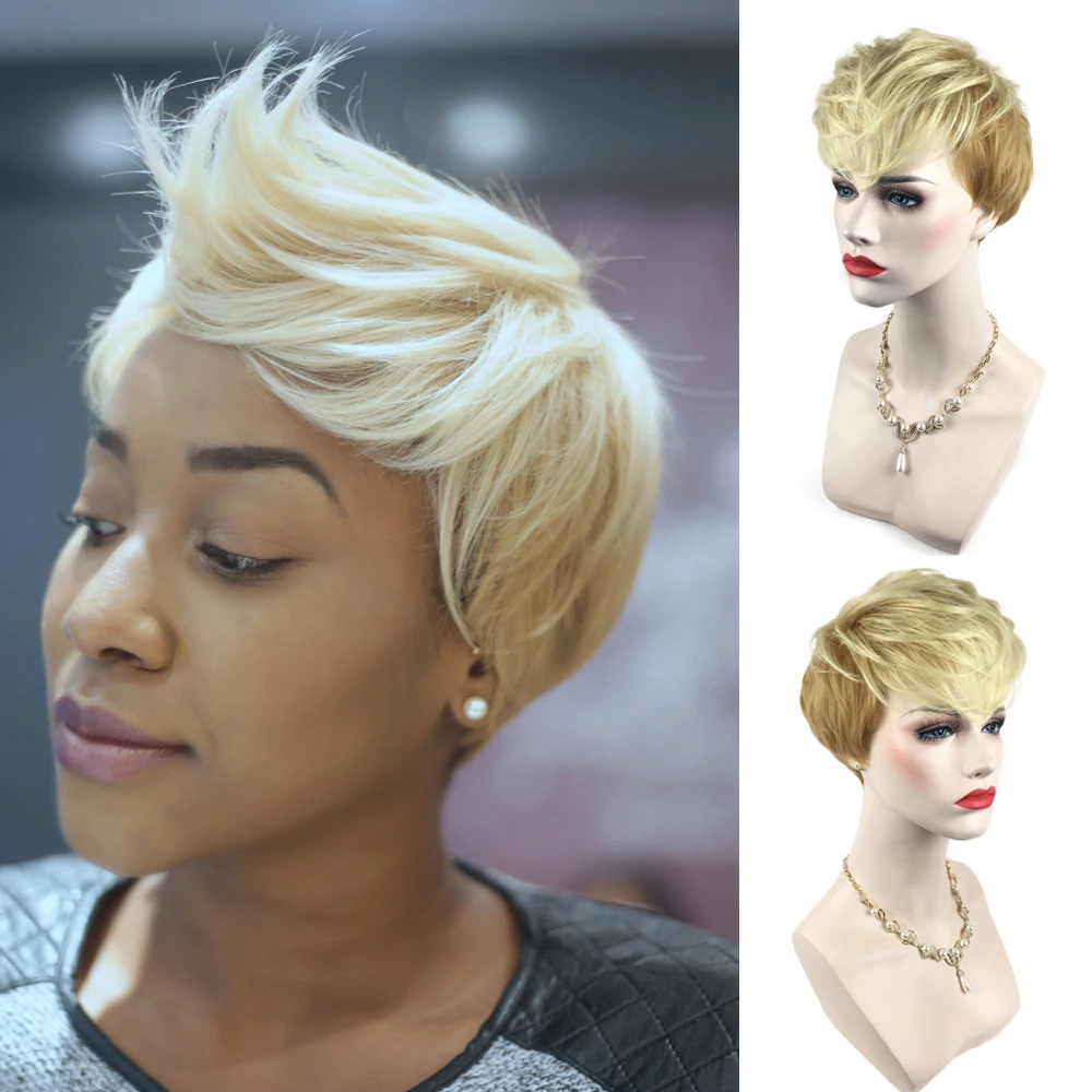 

Ombre Blonde Wig Short Pixie Synthetic Wigs for Black White Women Daily Fake Hair Wig with Bangs