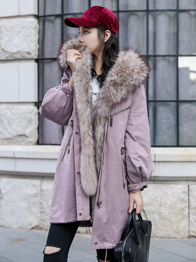 

2020 Real Coat Female Natural Rabbit Liner Parka Winter Jacket Women Raccoon Fur Collar Warm Long Jackets MY3998