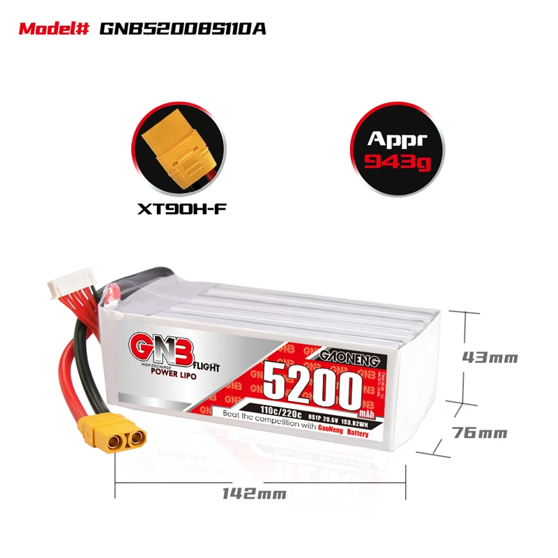 

Gaoneng GNB 8S 29.6V RC LiPo Battery 5200mAh 110C MAX 220C For RC Quadrotor Airplane FPV Racing Drone Parts