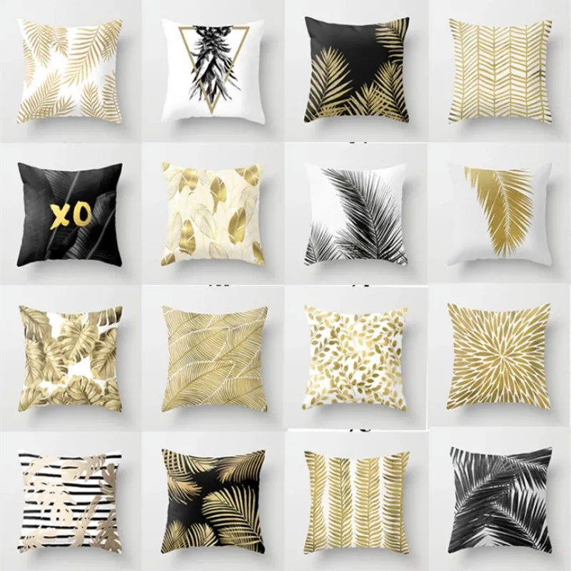

1pc Nordic Golden Flowers Leaves Cushion Cover Polyester Throw Pillowcases Sofa Bed Car Office Decorative Pillows Covers 45*45CM