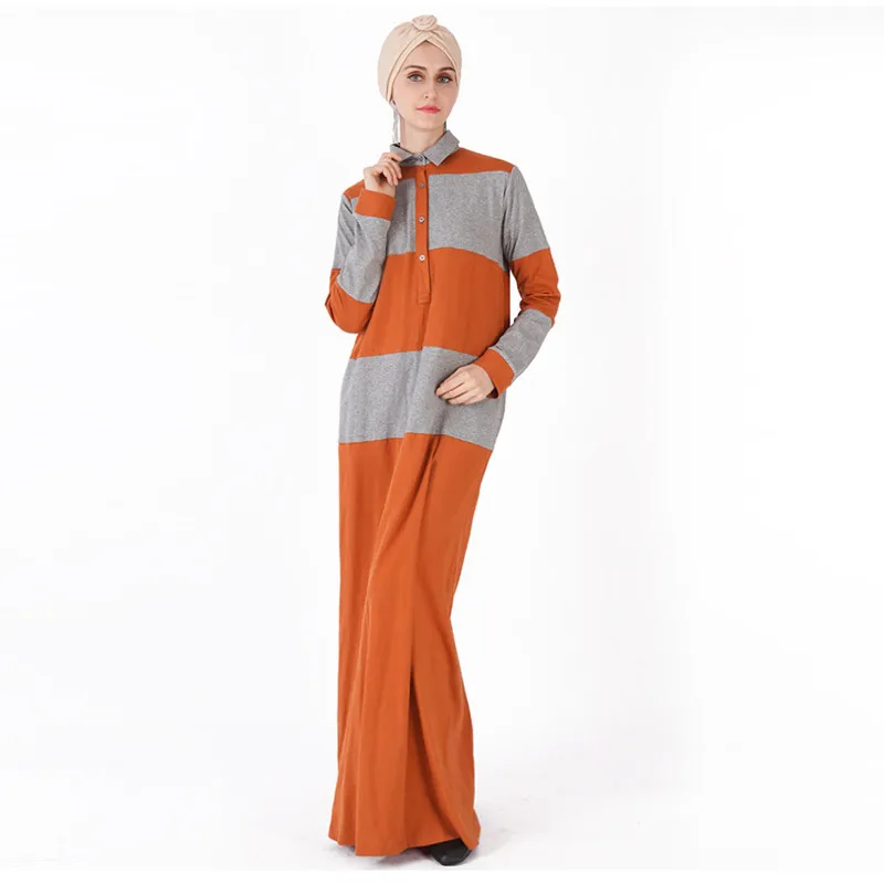 

2021 New Muslim Women's Fashion Color Matching Long-Sleeved Plus Size Shirt Collar Dress Casual Knitted Long Skirt