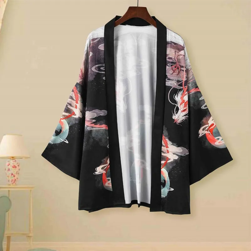 

Kimono Ukiyo-e Robe Chinese Dragon Male And Female Samurai Couples Three-quarter Sleeve Cloak Hawaiian Shirt