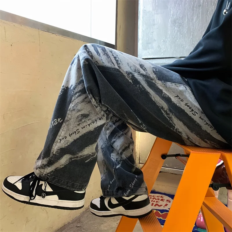 Mens Tie Dye Jeans Japanese Fashion Trends Distressed Clothing Teen Straight Leg Denim Pants Harajuku Casual Vintage Streetwear