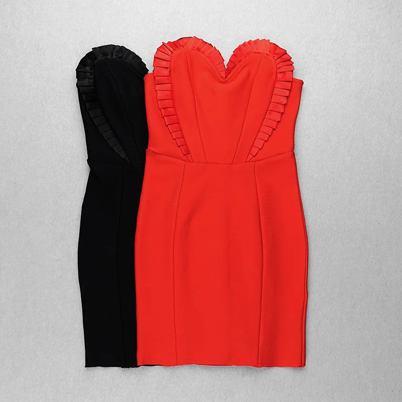 

UKCNSEP Sexy Strapless Bodycon Summer Bandage Dress Elegant Ruffles Black Red Vintage Mini Celebrity Runway Club Party Dress