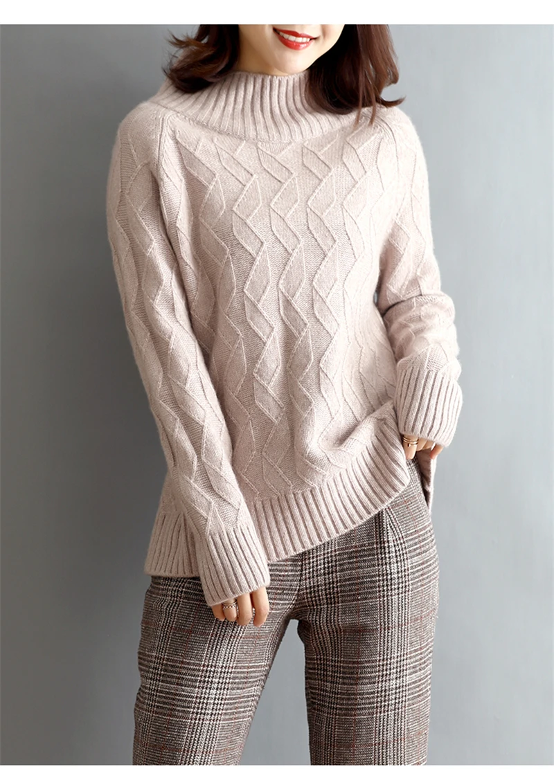 100% fine merino wool irregualr diamond pattern knit women half high collar pullover sweater wide loose M-2XL EU size | Женская одежда