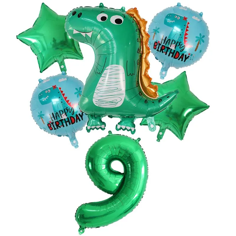 

6pcs/set Cartoon Dinosaur Foil Balloons Set Green 30inch Number Globos Dino Jungle Theme Birthday Party Decorations Kids Toys
