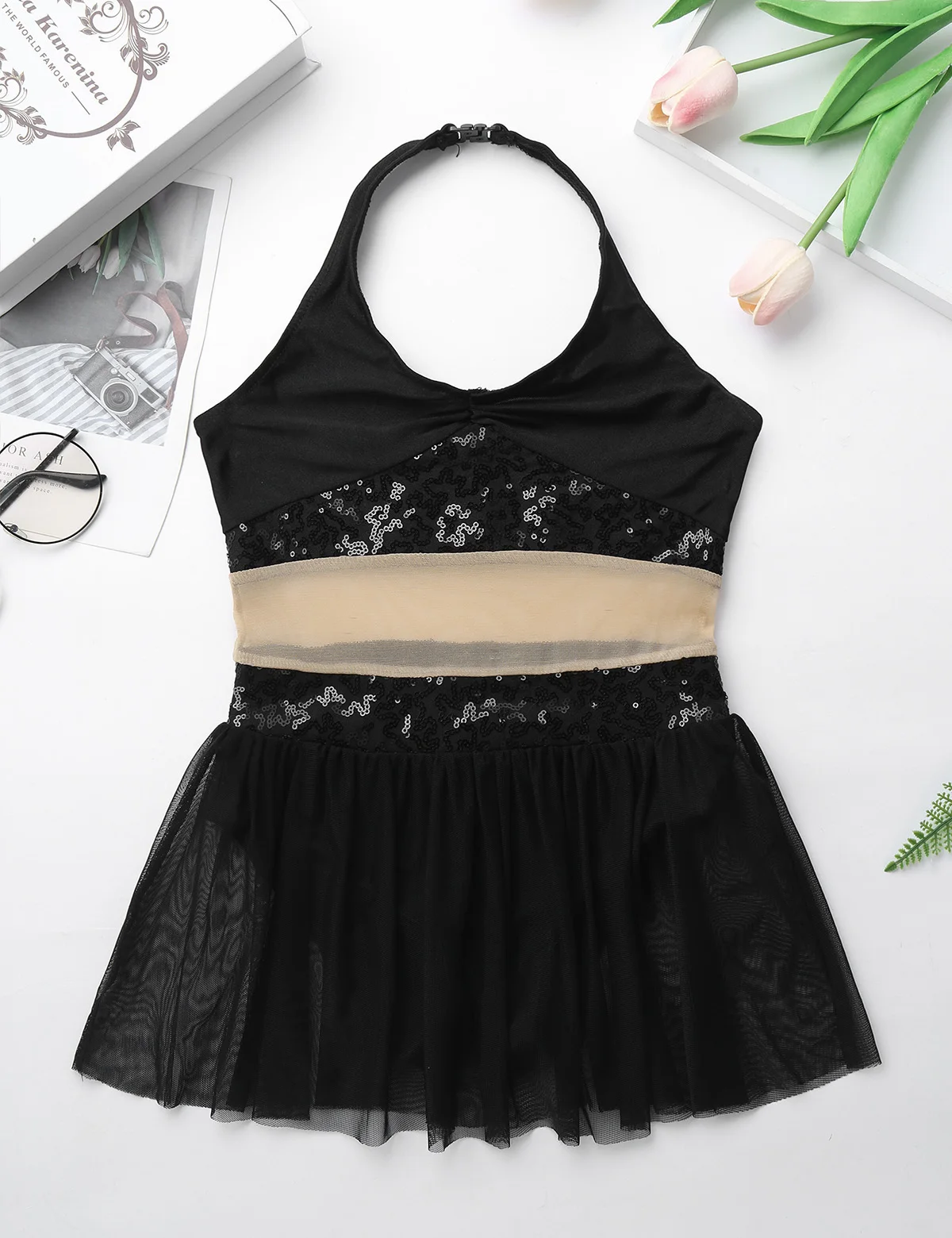 ChicTry Girls Halter Sequin Mesh Stretchy Figure Skating Dress Gymnastics Ballet Leotard Kids Performance Lyrical Dance Costumes