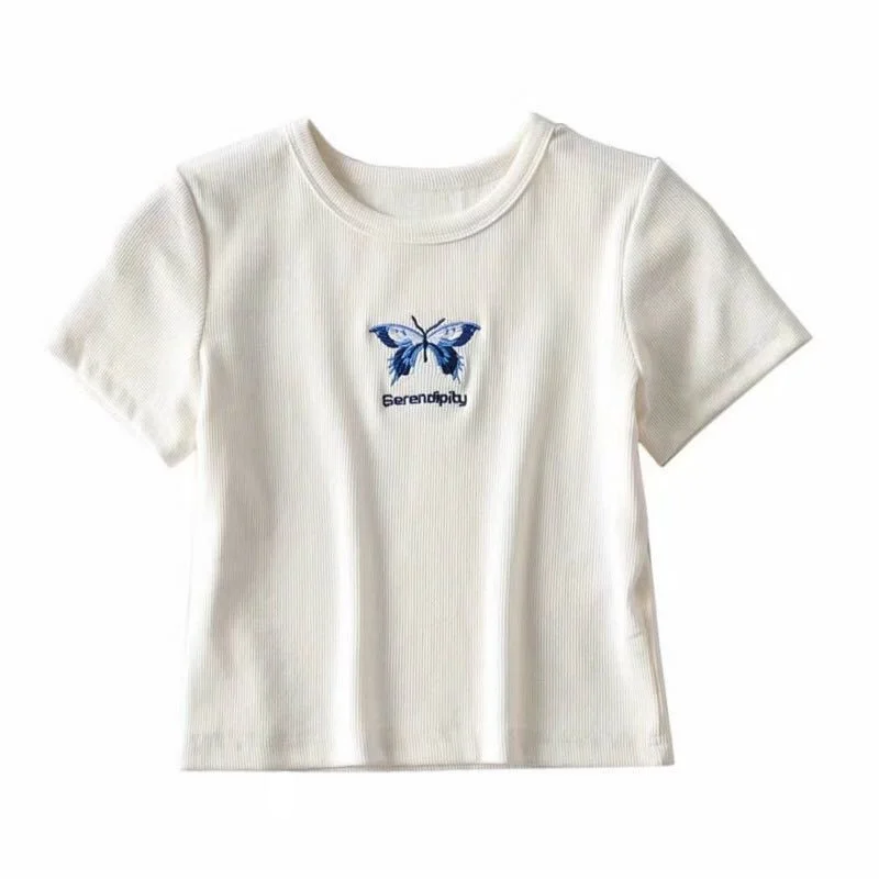 

WOMENGAGA Slim Cute Girl Butterfly Embroidery Stretch Tight Solid Color Round Neck High Waist Exposed Navel Letter T-shirt M8AO
