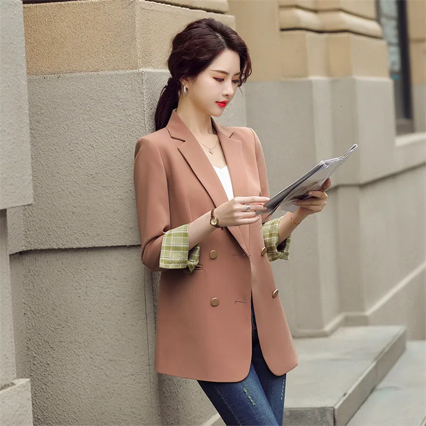 

Women Elegant Office Lady Double Breasted Blazers Coat Splice Cuff Long Sleeve Loose Fitting Female Outerwear Chic Wild Jacket