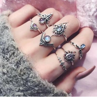 classic fashion retro ethnic style hollow inlaid stone 7 piece joint ring jewelry accessories ring