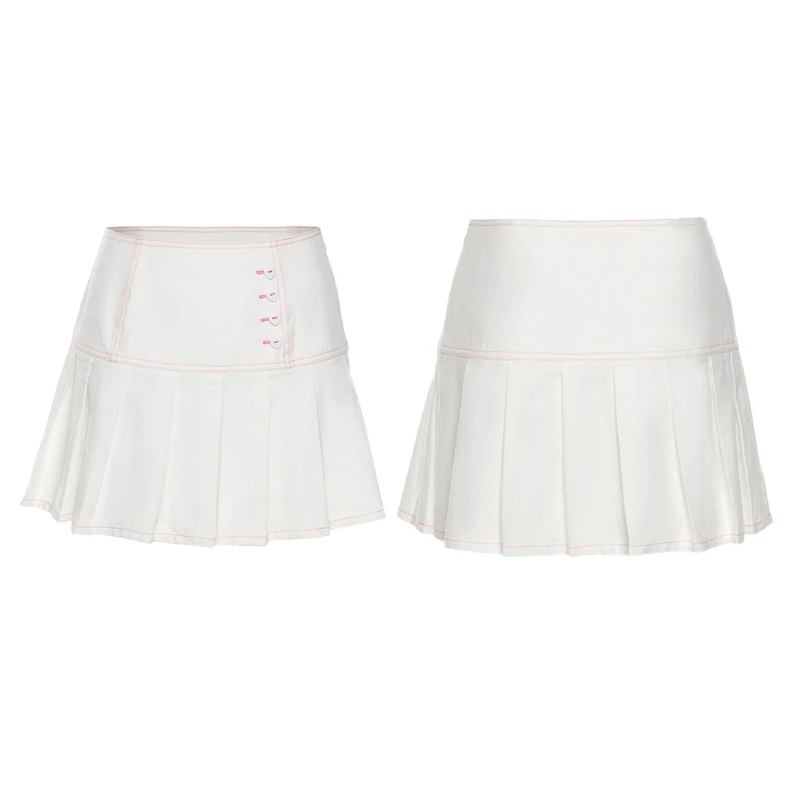 

Women High Waist Zipper White Pleated Mini Skirt Kawaii Heart Buttons Ruffles Flared Hem A-Line Summer School Uniform